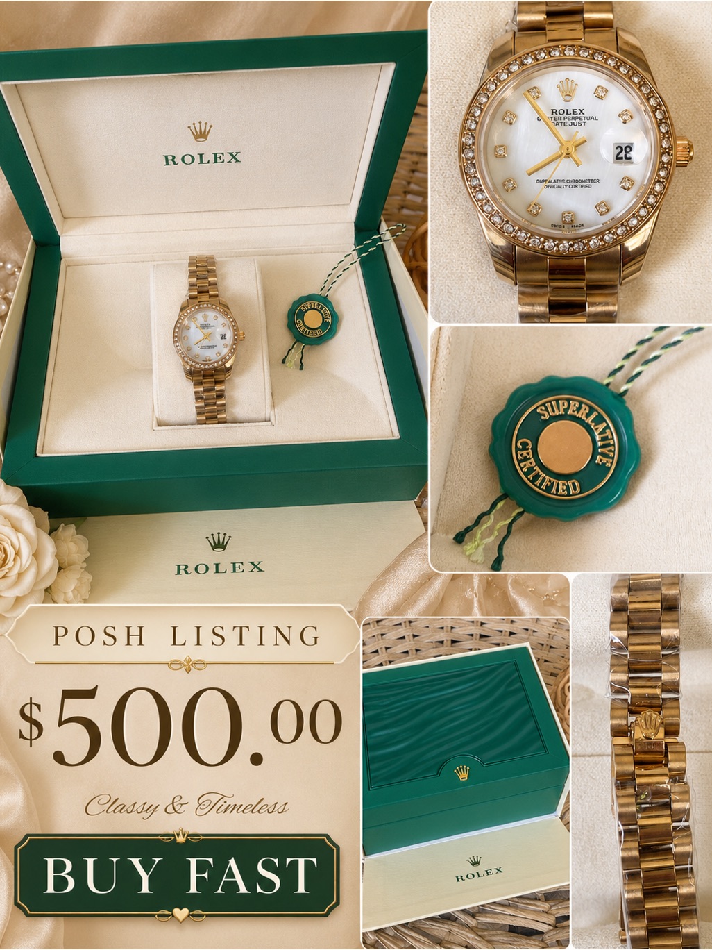 Rolex Womens Gold Tone Diamond Bezel MotherOfPearl Dial Watch Rolex Womens Gold Tone Diamond Bezel MotherOfPearl Dial Watch
